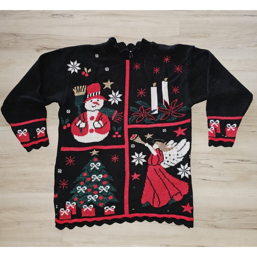 Arielle‎ Vintage Snowman Christmas Sweater M Ugly Christmas Sweater Pullover Blk